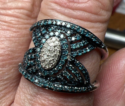Unisex blau-weiß echter Diamant Unisex Bandring Sterlingsilber Größe 10
