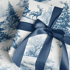 Vintage Blue Toile Christmas Wrapping Paper, Elegant Reindeer Cottage Holiday