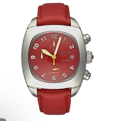 Locman 1970 Red Chronograph Analog Wristwatch, Leather Strap, Date Indicator