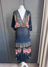 Farm Rio navy blue pink floral wiggle cut out back midi summer dress S 8