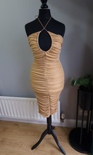 Oh Polly Ruched Gold Halterneck Midi Dress Cut Out Size 8 (Fits 6)