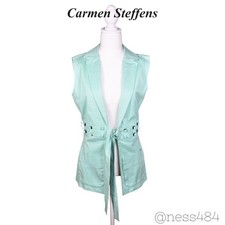 Carmen Steffens Women's Mint Green Sleeveless Blazer Studded Tie Waist MEDIUM