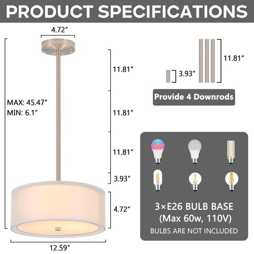 3-Light Fabric Drum Ceiling Lighting with Double Fabric Shade, 12.59 Inches S... - 第 3/7 張圖片