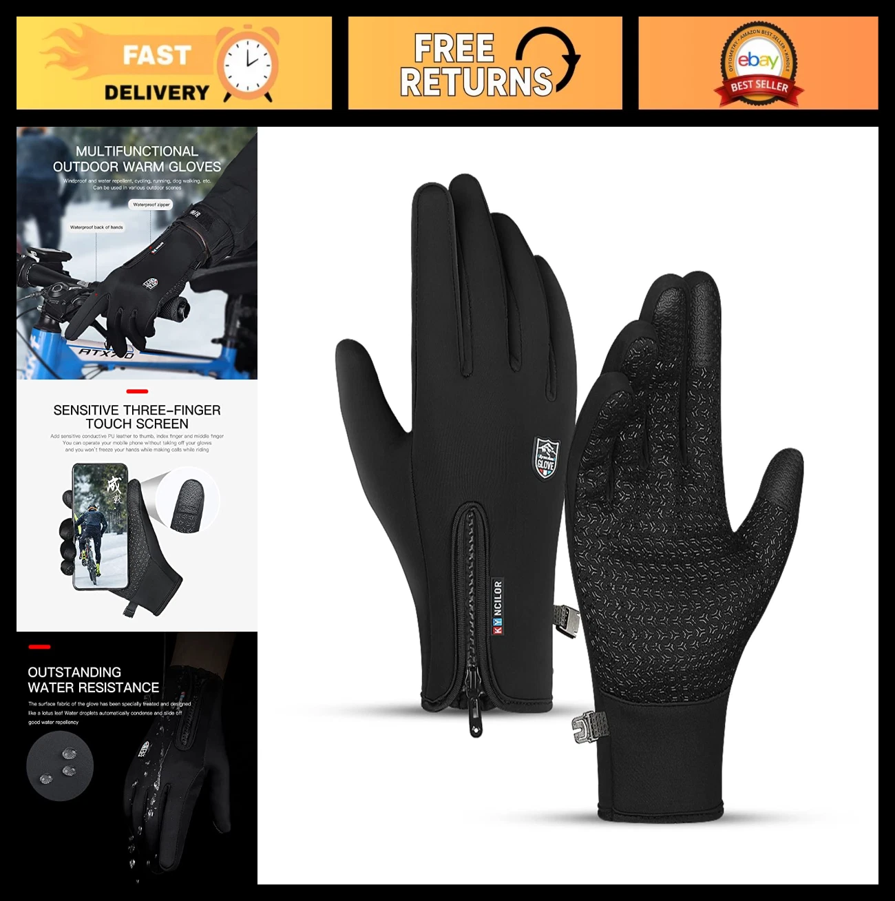 Warm Winter Thermal Gloves, Waterproof Windproof Non-Slip, Touch Screen for Runn