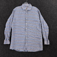 Luciano Barbera Shirt Men's XL Blue Brown Striped Linen Italy Lightweight Summer