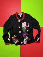 Vintage Christmas Cardigan Sweater Heirloom Collectibles Medium Snowman Black
