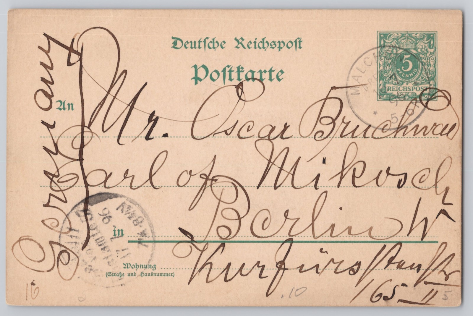 Malchow b. Berlin, Germany Deutsche Reichspost 5 Pfennig card, Undivided Back