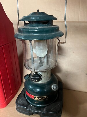 Vintage Coleman CLX Adjustable Green Double Mantle Lantern w/ Red