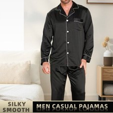Men Ice Silk Pajamas Sleepwear Pajama Sets Nightclothes Black Blue Long Sleeves