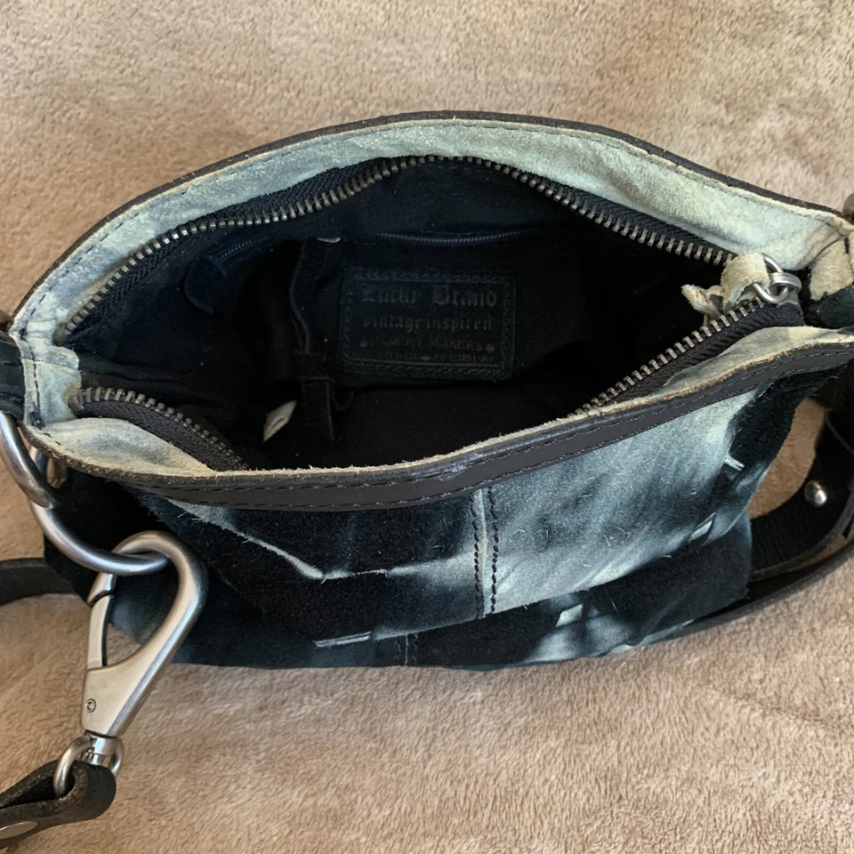 Lucky Brand Women's Handbag Purse Black Gray Suede Leather Tie Dye Crossbody - Image 4 of 4