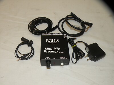 ROLLS MP13 MINI-MIC PREAMP W/ AC PWR ADAPTER W/ LAPEL MIC & CABLES IN PICS