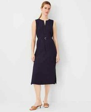 NEW $169 ANN TAYLOR split neck belted midi dress navy sz MP