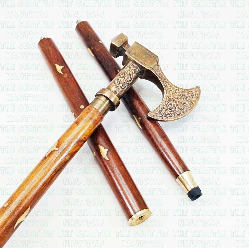 Solid Brass Antique Viking Axe head Handle Wooden… - image 1