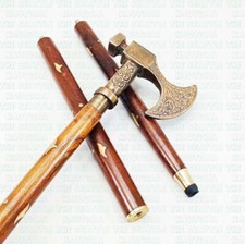 Solid Brass Antique Viking Axe head Handle Wooden Walking Stick Designr Handmade