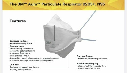 PACK of 5 NEW, UNOPENED 3M AURA 9205+ NIOSH N95 PARTICULATE RESPIRATOR MASKS - Afbeelding 2 van 5