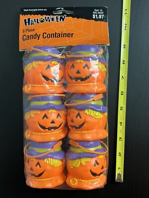 Vintage Halloween Mini Scarecrow Pumpkin Blow Mold Candy Pail Buckets NEW SEALED