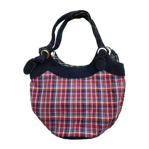 Chateau Women's Shoulder Bag Purse Navy Patchwork Fabric Corduroy Plaid - Picture 2 of 10