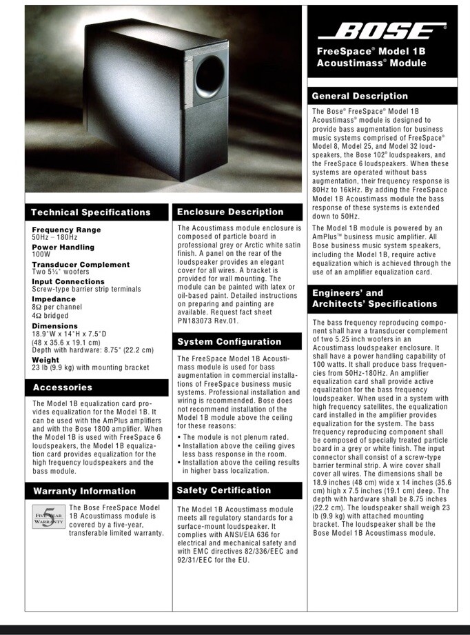 New In Open Box Bose FreeSpace Model 1B Acoustimass Module New In Open Box Bose FreeSpace Model 1B Acoustimass Module