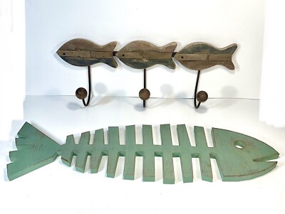 decorative fish wall hooks Fishing Decor-Wood Fish 3 Hook Coat Rack & Green Distressed Fish Wall  Hanging