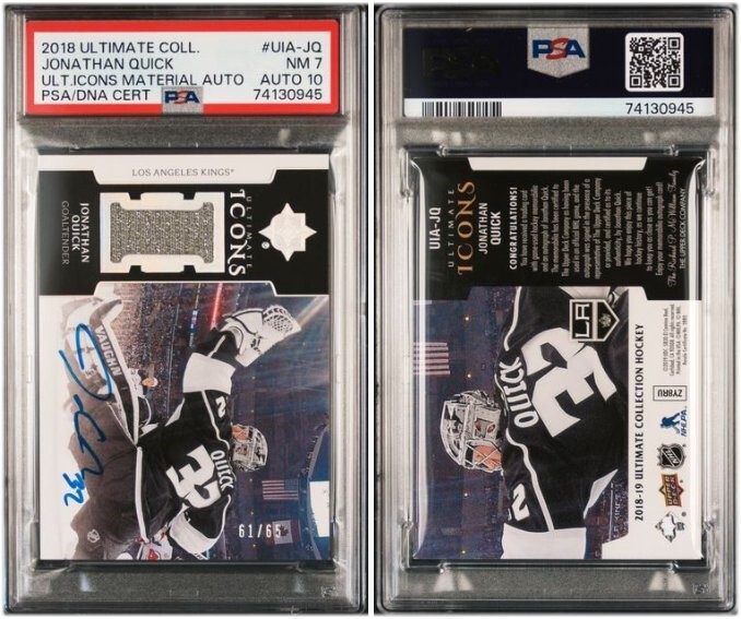 Nick Lodolo Los Angeles Kings Jonathan Quick 2018 Ultimate Collection Ultimate Icons Material Auto PSA 7 / 10 