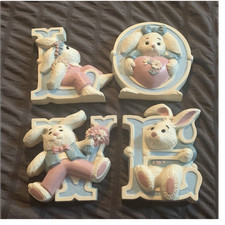Burwood Vintage Bunny LOVE Decorative Wall Plaque Set for Nursery or Kids Room