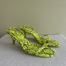 Zara Neon Yellow Green Snake Print Straps Heels Size 40 UK 6.5 7 Square Toe