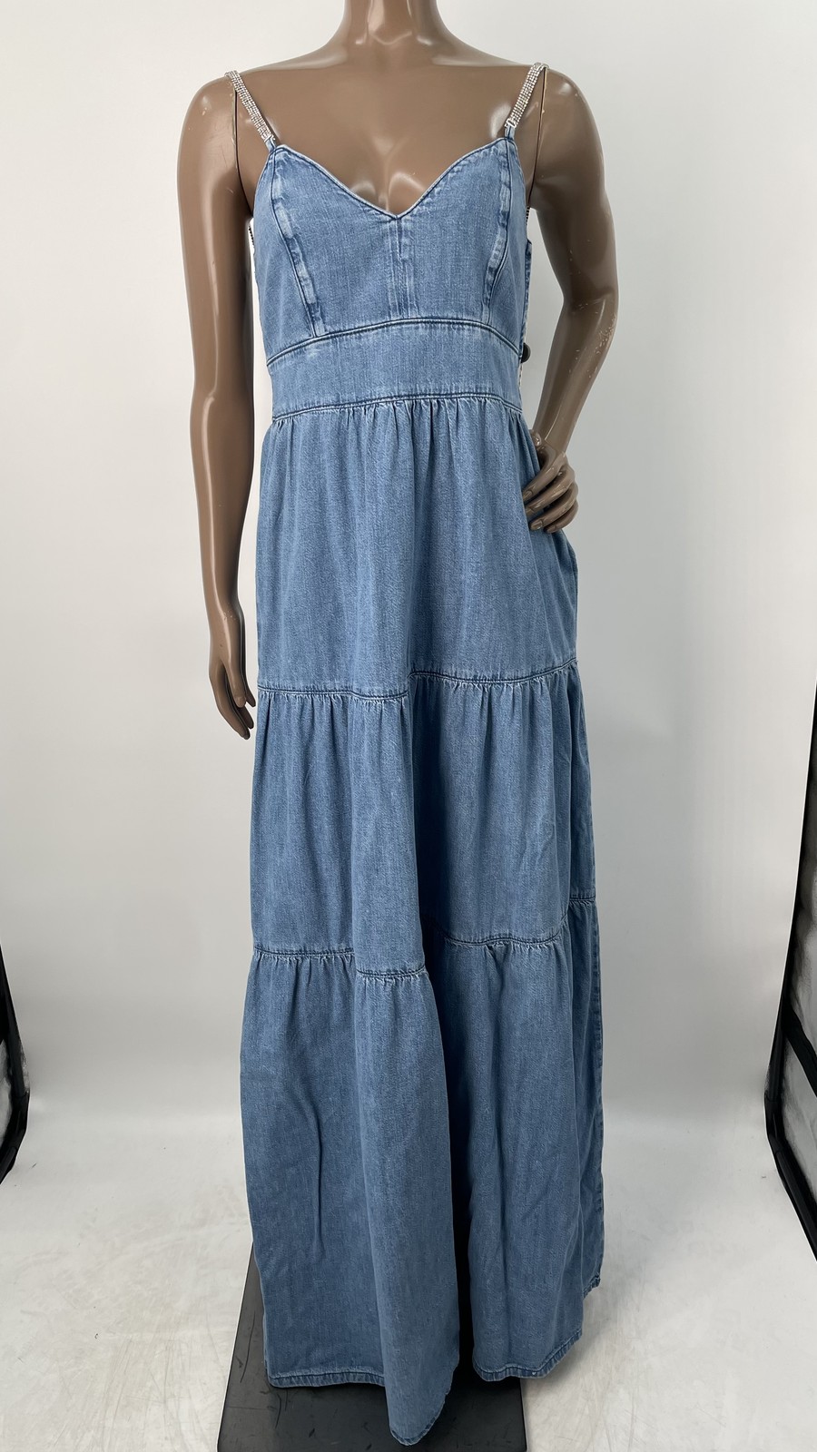 Liu Jo Womens Maxi Dress Blue Size 8 Denim Tiered Rhinestone Strap Cotton V-Neck
