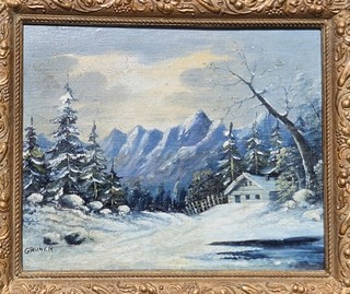 Tableau signé. Paysage Haute Montagne. Peinture huile sur panneau de bois.
