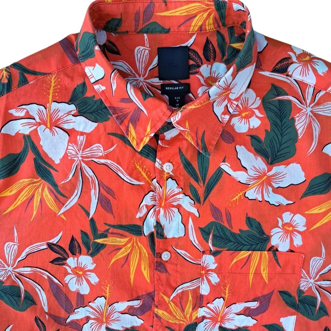 H&M Shirt Mens 16 M Red - Flowers LIGHTWEIGHT REGULAR FIT SHORT SLEEVE