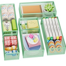 5 Pack Desk Drawer Organizer Set, Mesh Drawer Storage Trays with 1 Green