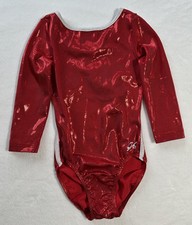 GK ELITE Gymnastics LEOTARD Competition SOLID RED Foil MYSTIQUE White Stripe AS