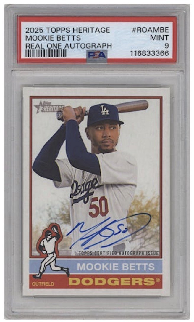 Topps 2025 Heritage Real One Autographs Mookie Betts Dodgers #ROA-MBE PSA 9 view 1