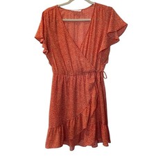 ALL IN FAVOR Cross Over Tie Front Ruffle Midi Patterned Sundress Orange Medium