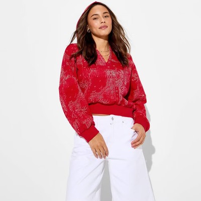 Women Split Neck French Terry Pullover Sweatshirt - Wild Fable Red Paisley
