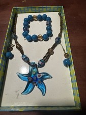 Blue Glass Starfish Necklace Bracelet Set Sea Life Theme Handmade Jewelry