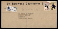 DR WHO 1970 BOTSWANA BIRD REGISTERED OFFICIAL GABORONE TO USA S03687