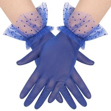 Women's Short Lace Tulle Sheer Mesh Gloves Opera Tea Party Gloves Royal Blue