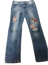 Faded Glory Girls Straight Blue Denim Jeans 6 Embroidered Button Zip Stretch
