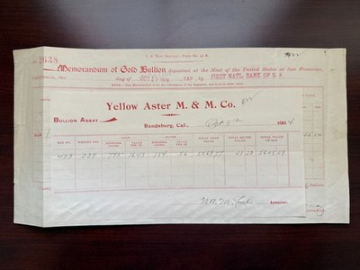 1904 Yellow Aster M & M Co Bullion Assay Certificate/ US Mint Memorandum of Gold