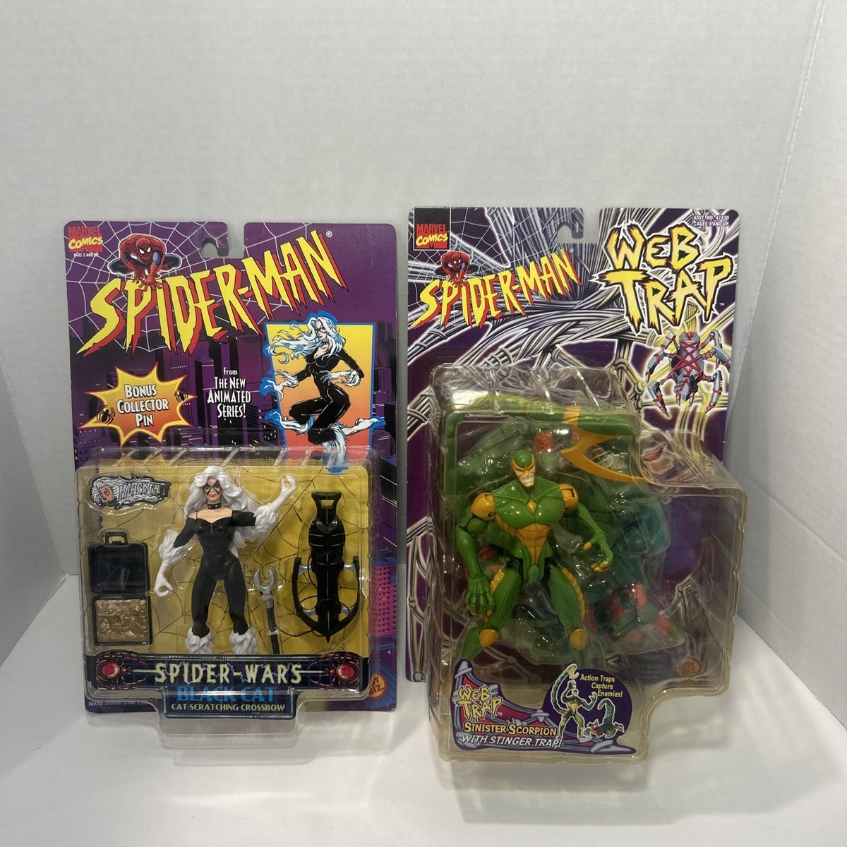 2 Marvel Spider-Man Web Trap Sinister Scorpion, Black Cat Toy Biz