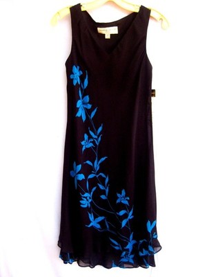 Donna Ricco Dress~Elegant Black Beauty w/ Teal Flowers~6P~Rayon ~NWT