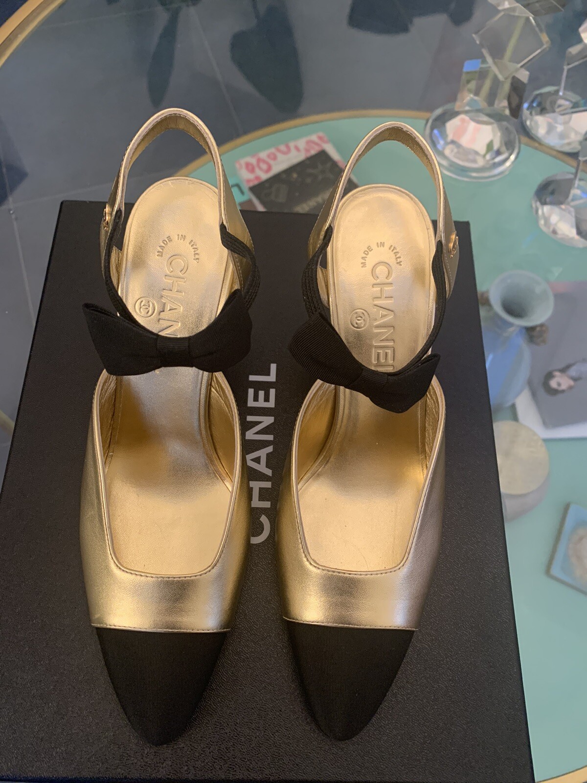 20A CHANEL LOGO Open Pumps Heels with Bow Black/Gold Size 38 New thumbnail 4