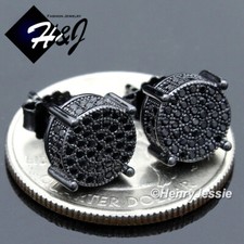 MEN 925 STERLING SILVER ICY CZ BLACK PLATED 8MM ROUND PUSH BACK STUD EARRING 120