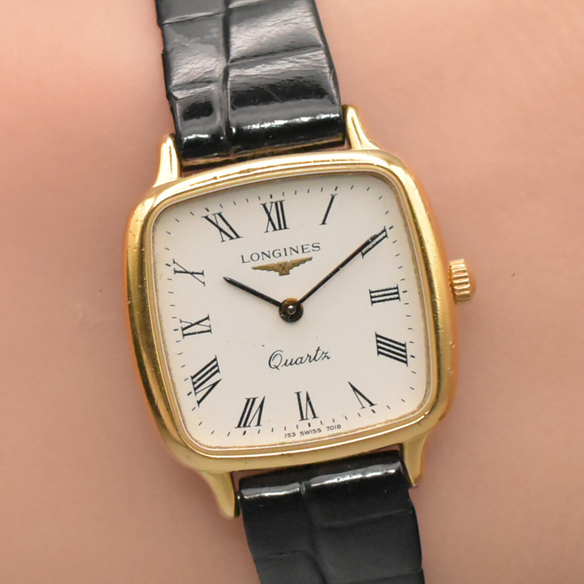 Vintage Longines 153.7018 oro romano esfera blanca cuarzo reloj para mujer JAPÓN