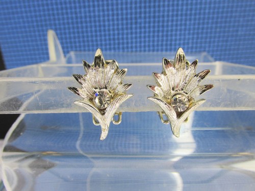 Vintage Rhinestone Flower Earrings Clips Silver Plate - 第 3/4 張圖片