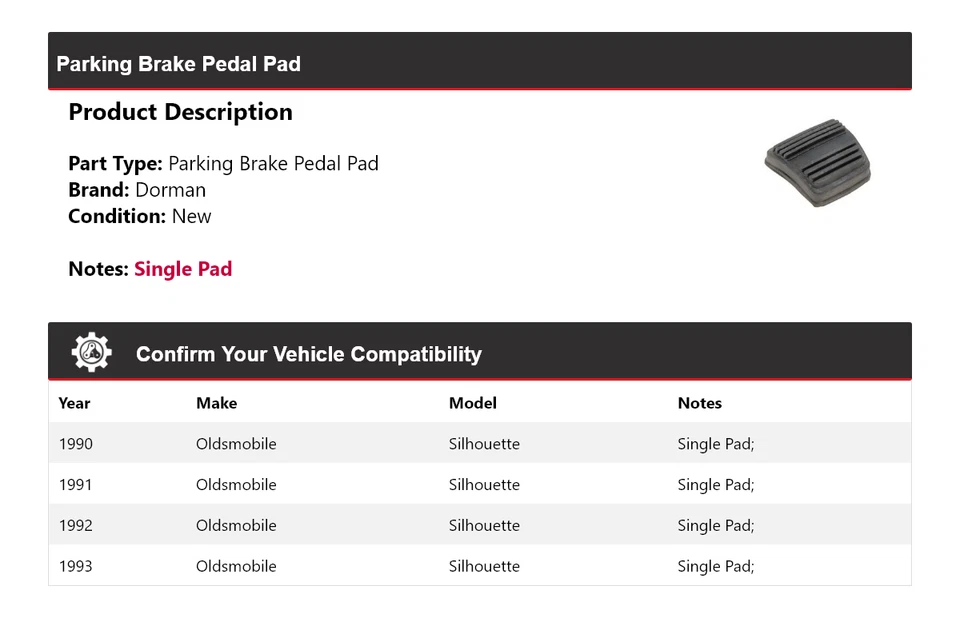 Pastilla de pedal de freno de estacionamiento Oldsmobile Silhouette Dorman 1990-1993 1991 1992 Foto 2 de 4