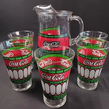 Vintage Coca Cola Collector Pitcher & Glasses Frosted Stained Pizzeria Pattern