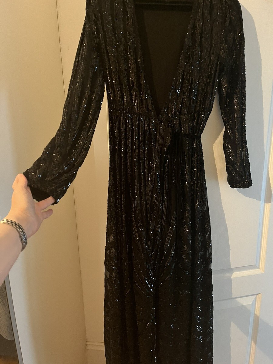 zara black sequin wrap dress Zara Black Sequin Maxi Wrap Dress Small