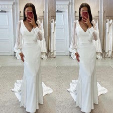 Boho Mermaid Satin Wedding Dresses Deep V Neck Sweep Train Bridal Gowns