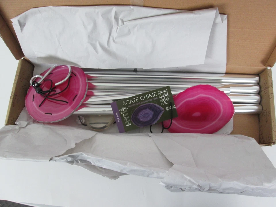 Carillón de viento de ágata Regal 32" New Age piedras de ágata rosa afinado con precisión acrílico nuevo Foto 2 de 4